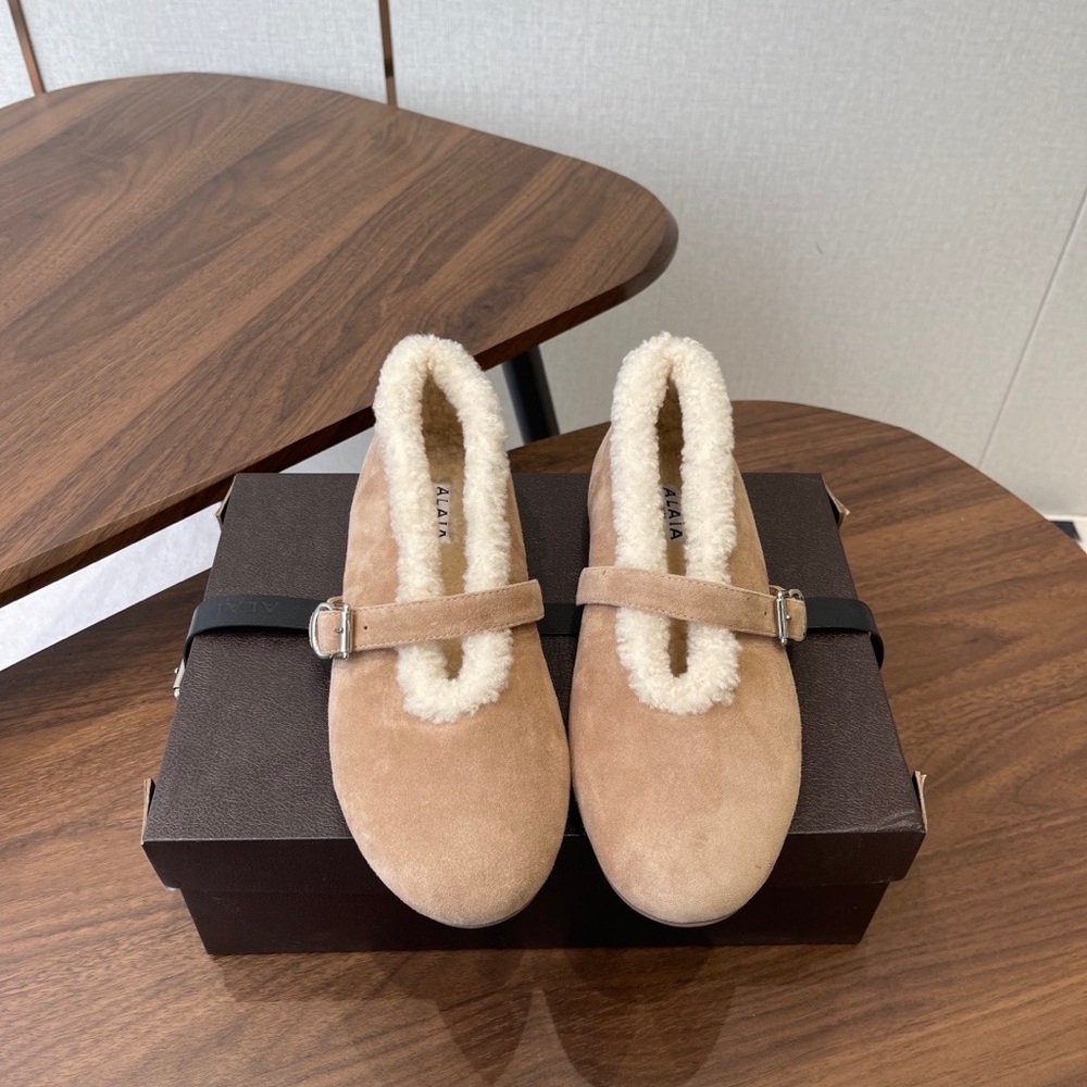 Alaia Tan Suede Loafers with Shearling Accent